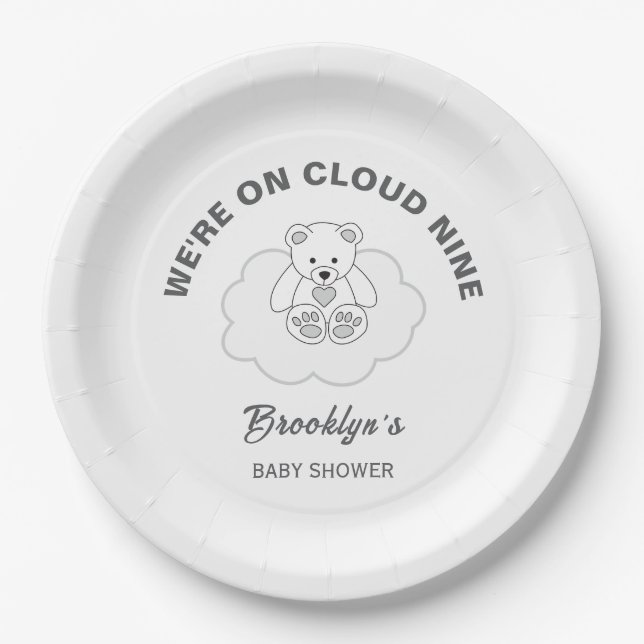 Plato De Papel Nueve Sexo Neutral Baby Shower Teddy Bear (Anverso)