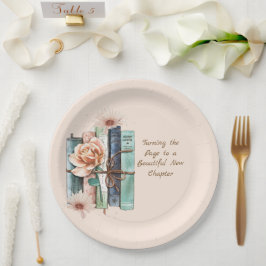 Plato De Papel Nuevo Capítulo Comienza Pila de Libros Floral