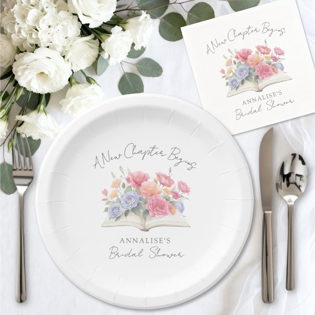 Plato De Papel Nuevo Capítulo Floral Libro Despedida de Soltera (New Chapter Floral Book Bridal Shower Paper Plates)