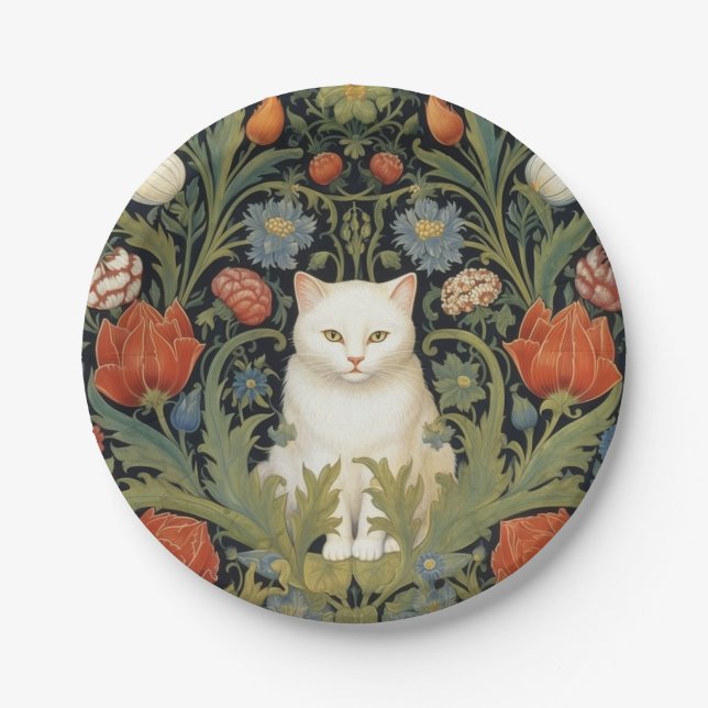 Plato De Papel Nuevo gato blanco en el jardín (Anverso)