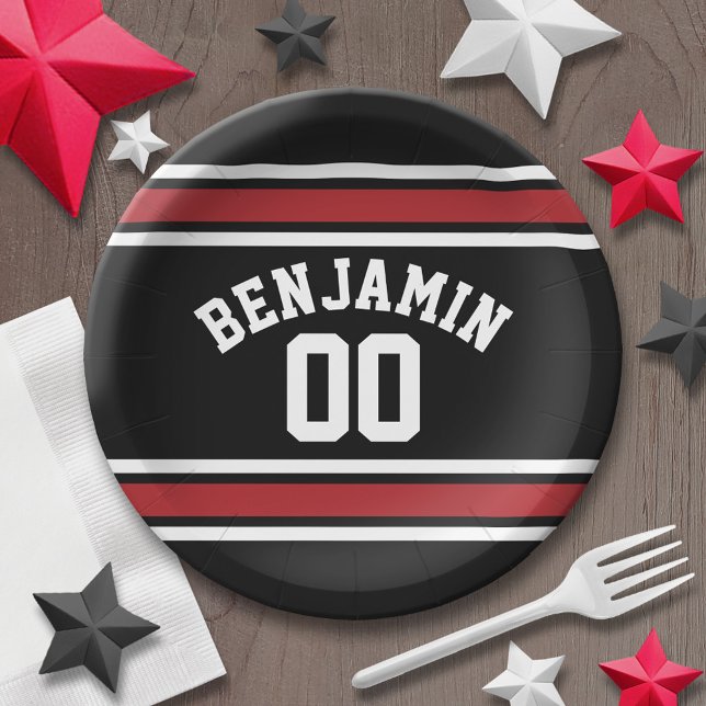Plato De Papel Número de nombre personalizado de Black and Red Sp (Personalized party plates - sports theme for birthday or any occasion)