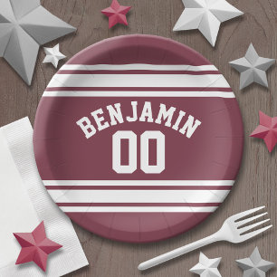 Plato De Papel Número de nombre personalizado de franjas maroon y
