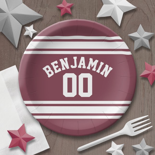 Plato De Papel Número de nombre personalizado de franjas maroon y (Personalized party plates - sports theme for birthday or any occasion)