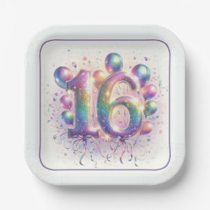 Plato De Papel Número Purpurinoso 16 con globos y confetti