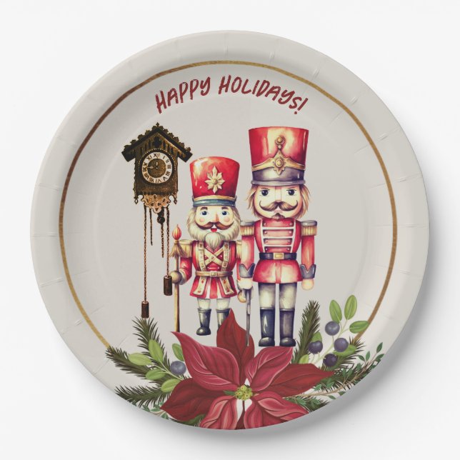 Plato De Papel Nutcracker Felices Fiestas Cuckoo Saludos (Anverso)