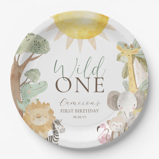 Plato De Papel Nyala Safari Animales salvajes un primer cumpleaño (Anverso)