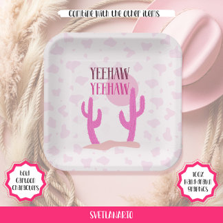 Plato de papel occidental Cacti Vaquera Rosa