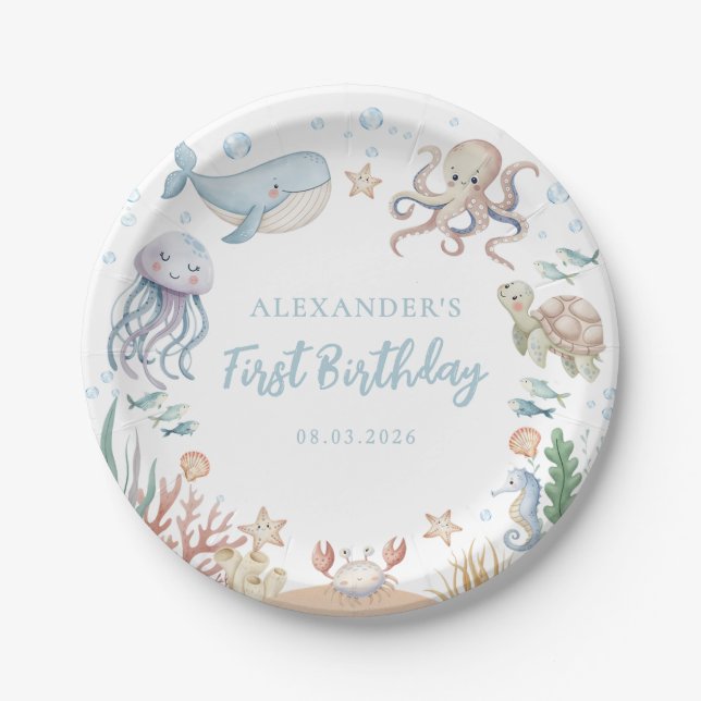 Plato De Papel Ocean Animals Birthday (Anverso)