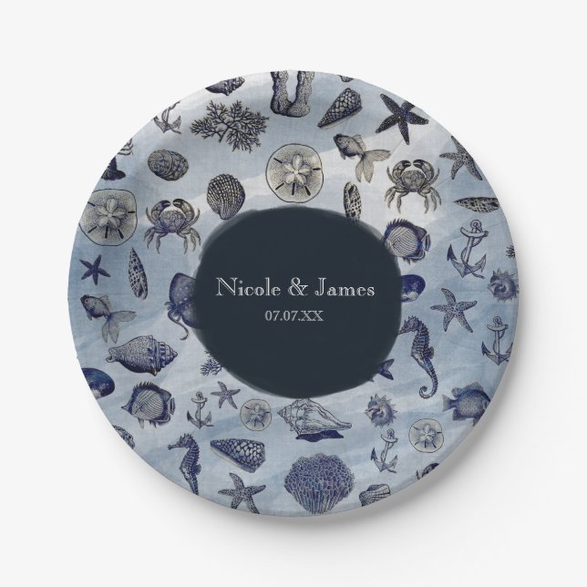 Plato De Papel Ocean Sea Life Nautical Seashells Beach Wedding (Anverso)