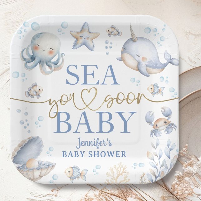 Plato De Papel Ocean Sea You Soon Baby Shower Boy Blue  (Subido por el creador)