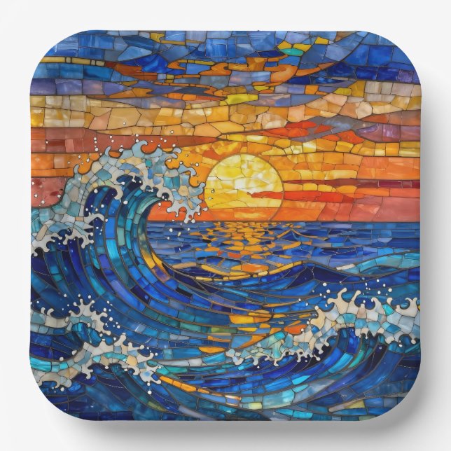 Plato De Papel Oceanic Coastal Ocean Waves Sunset   (Anverso)