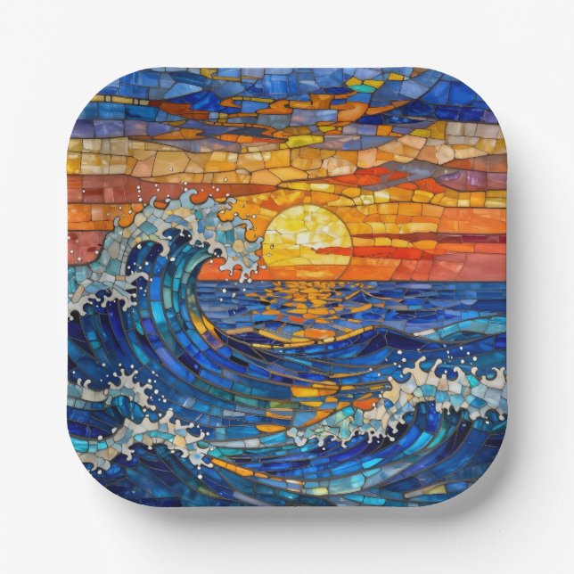 Plato De Papel Oceanic Coastal Ocean Waves Sunset   (Anverso)