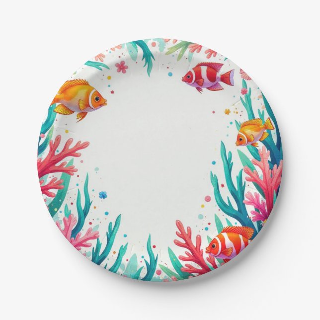 Plato De Papel Océano coral de pescado tropical vibrante | Océano (Anverso)