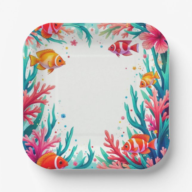 Plato De Papel Océano coral de pescado tropical vibrante | Océano (Anverso)