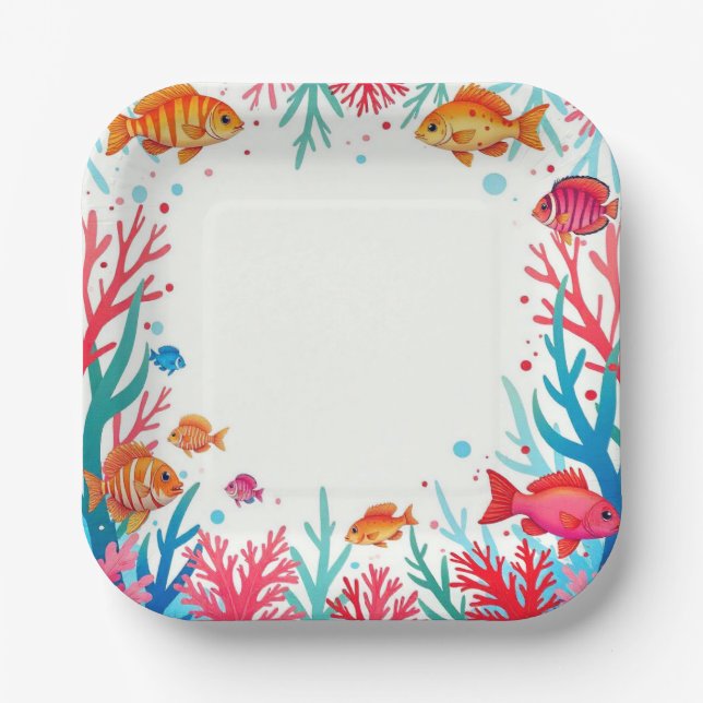Plato De Papel Océano coral de pescado tropical vibrante | Océano (Anverso)