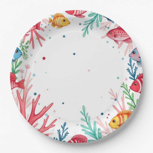 Plato De Papel Océano coral de pescado tropical vibrante | Océano (Anverso)