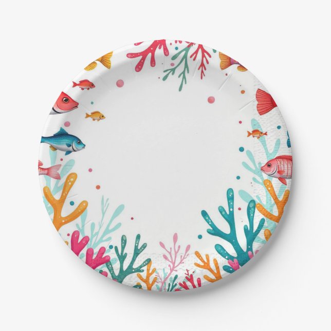 Plato De Papel Océano coral de pescado tropical vibrante | Océano (Anverso)
