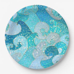Plato De Papel Océano verde azulado del oro de la sirena del