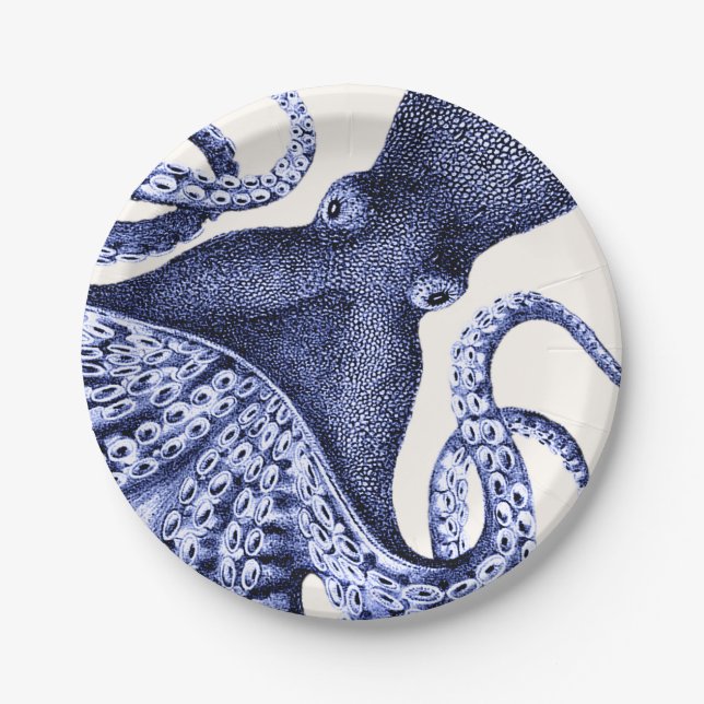 Plato De Papel Octopus azul paisajístico (Anverso)