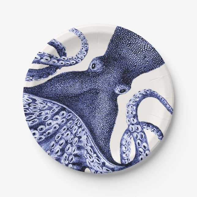 Plato De Papel Octopus azul paisajístico (Anverso)