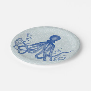 Plato De Papel Octopus azul vintage con anclas