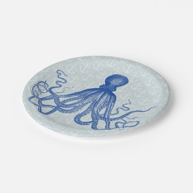 Plato De Papel Octopus azul vintage con anclas (Angular)