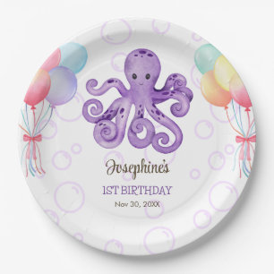 Plato De Papel Octopus Balloon Purple Bubble Kids Cumpleaños