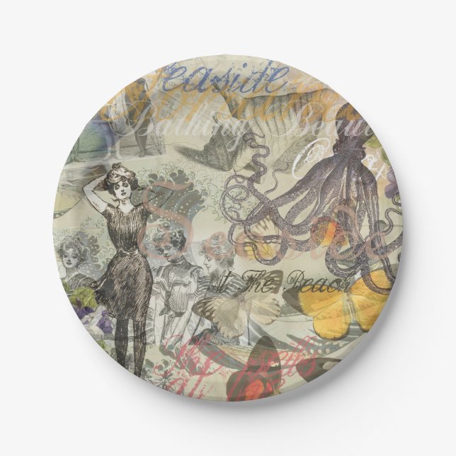 Plato De Papel Octopus Beach Antique Coastal Steampunk (Anverso)