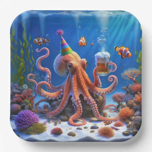Plato De Papel Octopus de cumpleaños con cerveza (Anverso)