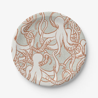 Plato De Papel Octopus Line Art | Round Plates (Orange & Gray)