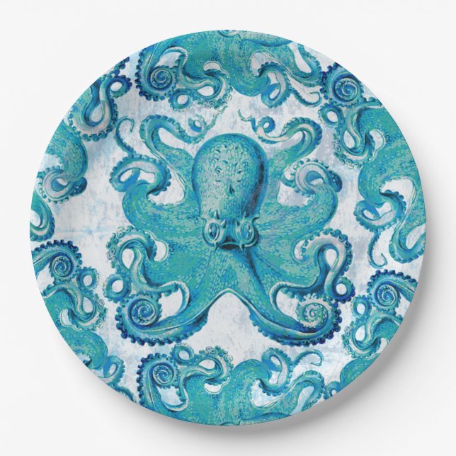 Plato De Papel Octopus Marine Life Ocean Animals Beach Nautical (Anverso)