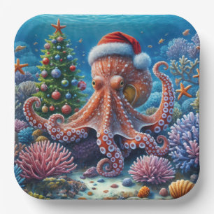 Plato De Papel Octopus navidades usando un Santa Hat