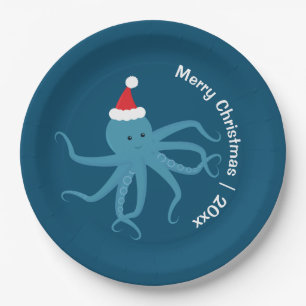 Plato De Papel Octopus Santa Merry Christmas