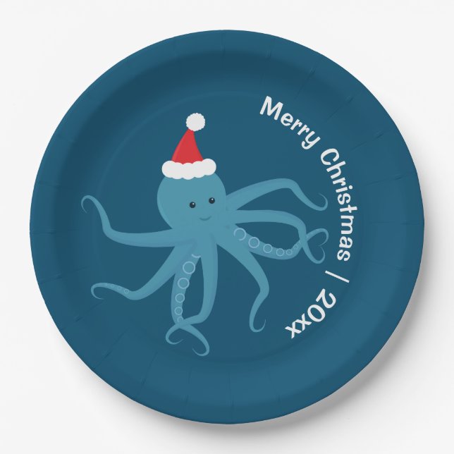 Plato De Papel Octopus Santa Merry Christmas (Anverso)