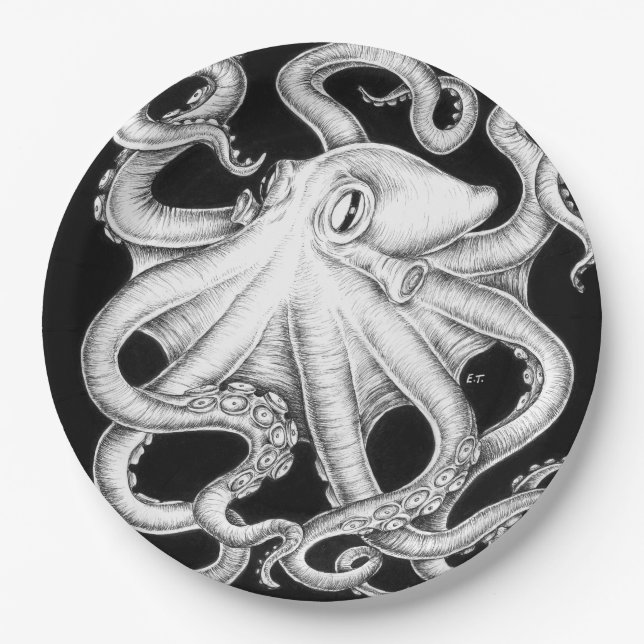 Plato De Papel Octopus Tinta Blanca Y Negra (Anverso)
