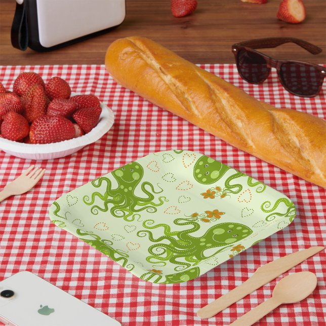 Plato De Papel Octopuses verdes con flores (Subido por el creador)