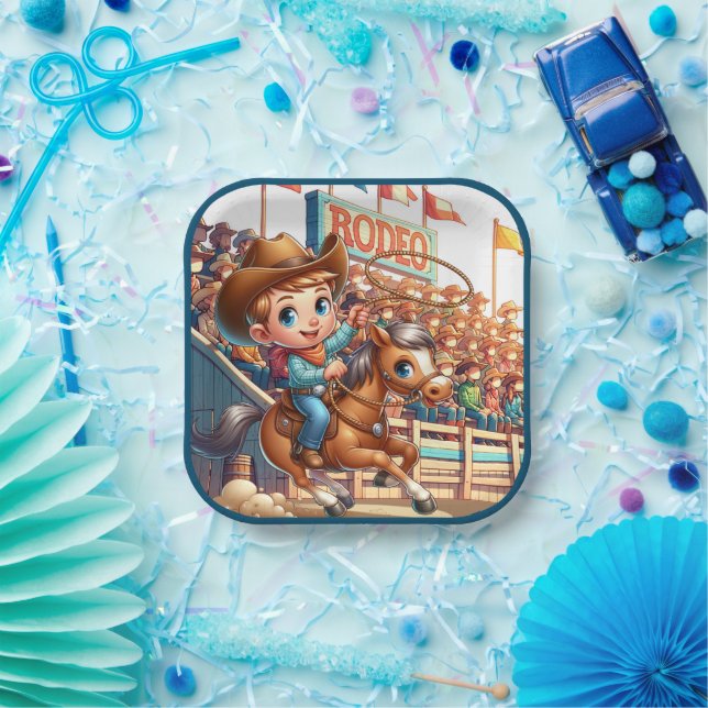 Plato De Papel Oeste Rodeo Cowboy Calf Roping (Fiesta)