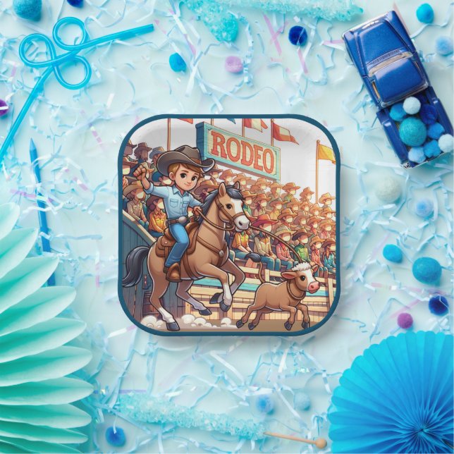 Plato De Papel Oeste Rodeo Cowboy Calf Roping (Fiesta)