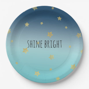 Plato De Papel Oferta personalizada de Gold Stars Aqua Blue Ombre