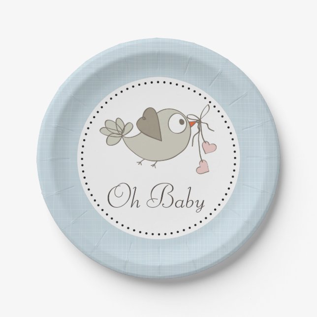 Plato De Papel Oh Baby Bird Blue Fiesta de Bebé (Anverso)