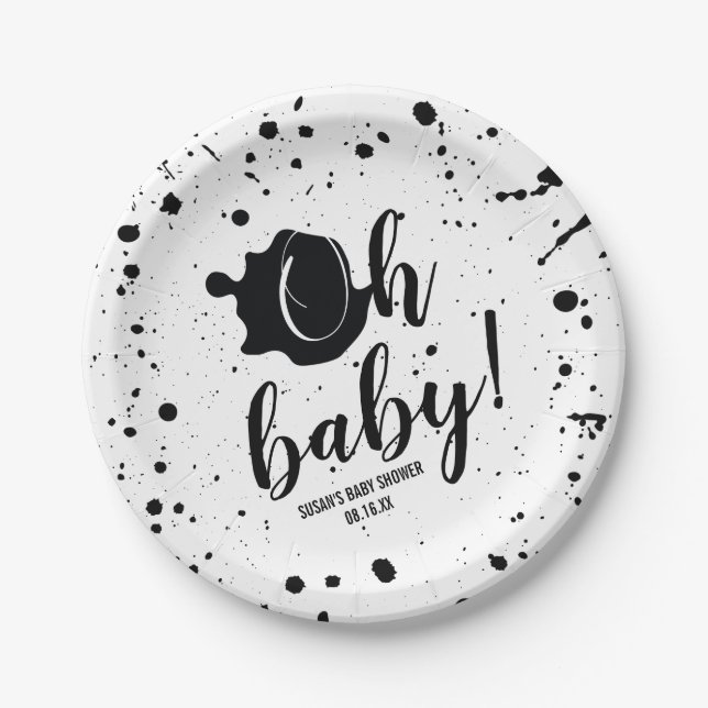 Plato De Papel Oh Baby Black + White Splatt Unisex Baby Shower (Anverso)