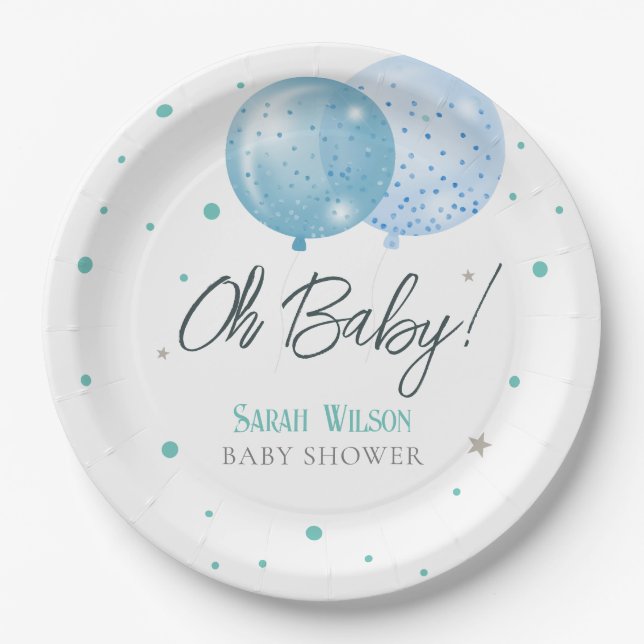 Plato De Papel Oh Baby Blue Balloons Boy Baby Shower (Anverso)