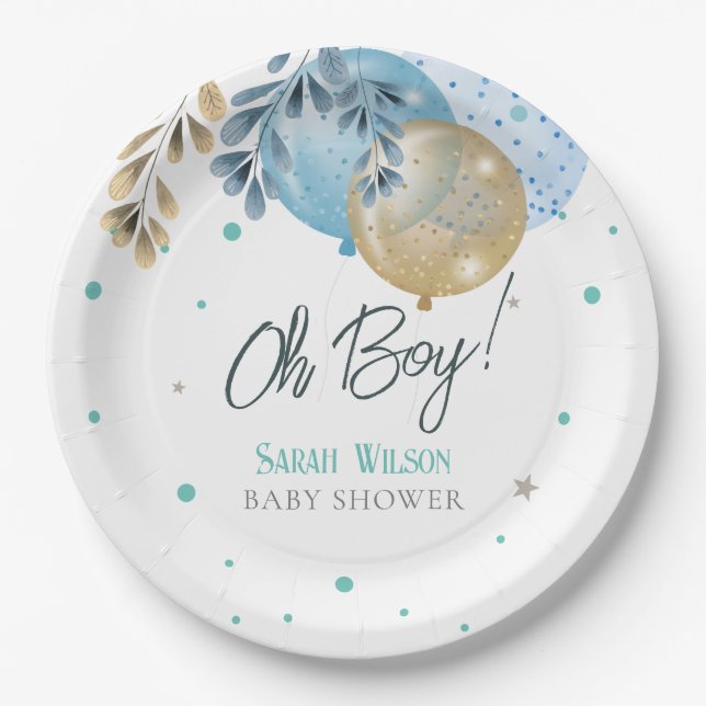 Plato De Papel Oh Baby Blue Balloons Boy Baby Shower (Anverso)