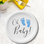 Plato De Papel Oh Baby Blue Feet Baby Shower<br><div class="desc">Estos adorables platos de papel Baby Shower de Boy están decorados con tipografía moderna y pies acuarelas de bebé en azul pastel. Porque creamos nuestra obra de arte no encontrarás esta imagen exacta de otros diseñadores. Acuarela original © Michele Davies.</div>