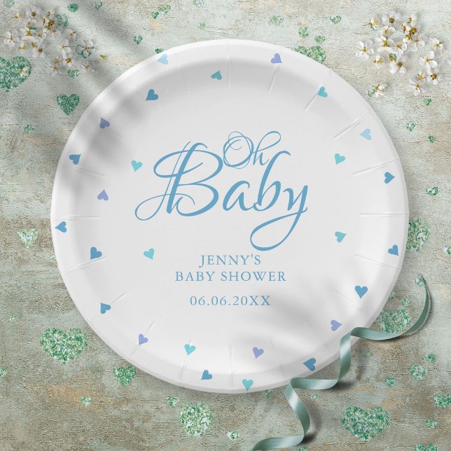 Plato De Papel Oh Baby Blue Love Hearts Baby Shower / Sprinkle (Oh Baby Blue Love Hearts Baby Shower / Sprinkle Paper Plates)