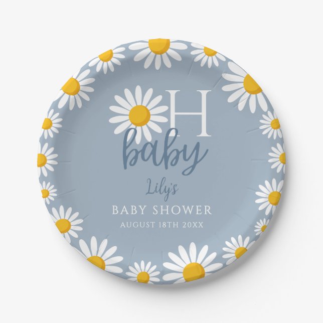Plato De Papel Oh Baby Blue Modern Daisy Baby Shower (Anverso)