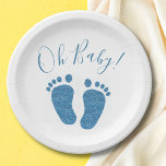 Plato De Papel Oh Baby Blue Purpurina Feet Baby Shower<br><div class="desc">Estas bonitas placas de papel Baby Shower están decoradas con pies de bebé purpurina azul y Oh Baby! en una tipografía elegante.</div>