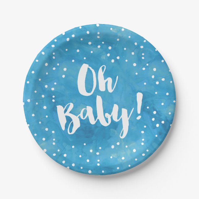 Plato De Papel Oh Baby Blue Watercolor Baby Shower (Anverso)