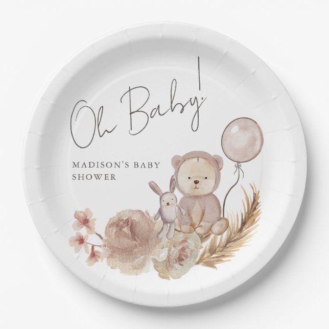 Plato De Papel Oh Baby Boho Botanical con Sweet Bear Baby Shower (Anverso)