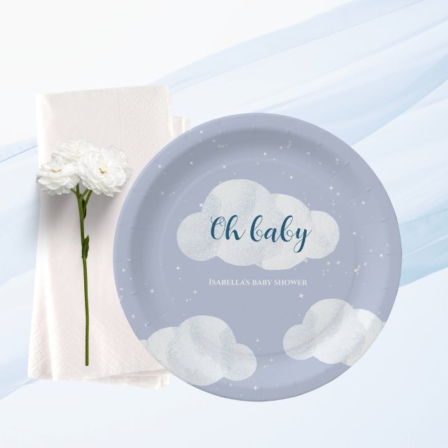 Plato De Papel Oh Baby Boy Blue Clouds Sky Stars Baby Shower (oh baby clouds boy baby shower blue sky stars)